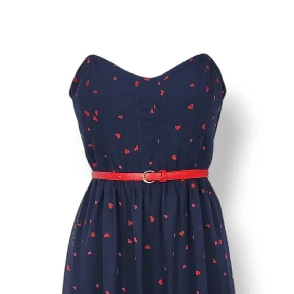 City Triangles Red Hearts Chiffon Strapless Belted Dress in Navy Blue/Red Size 7 - Picture 4 of 6